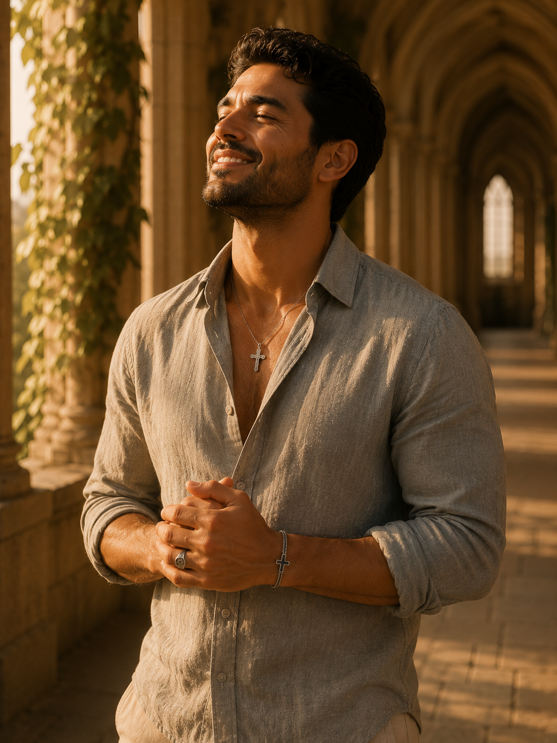 God Inc Gratitude — Mediterranean male model in silver cross necklace, ring and cross bracelet at sandstone cathedral in golden hour.