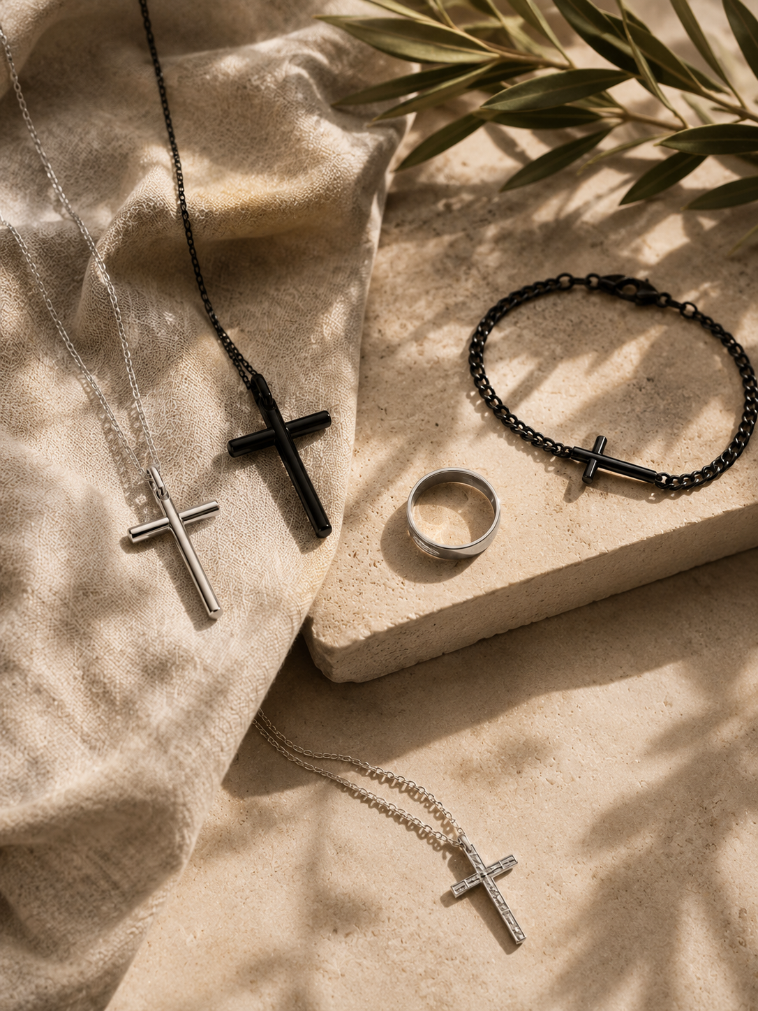 Silver and black stainless steel cross necklaces, a matching bracelet and a slim ring arranged on beige linen and warm stone — Christian jewellery collection in Australia